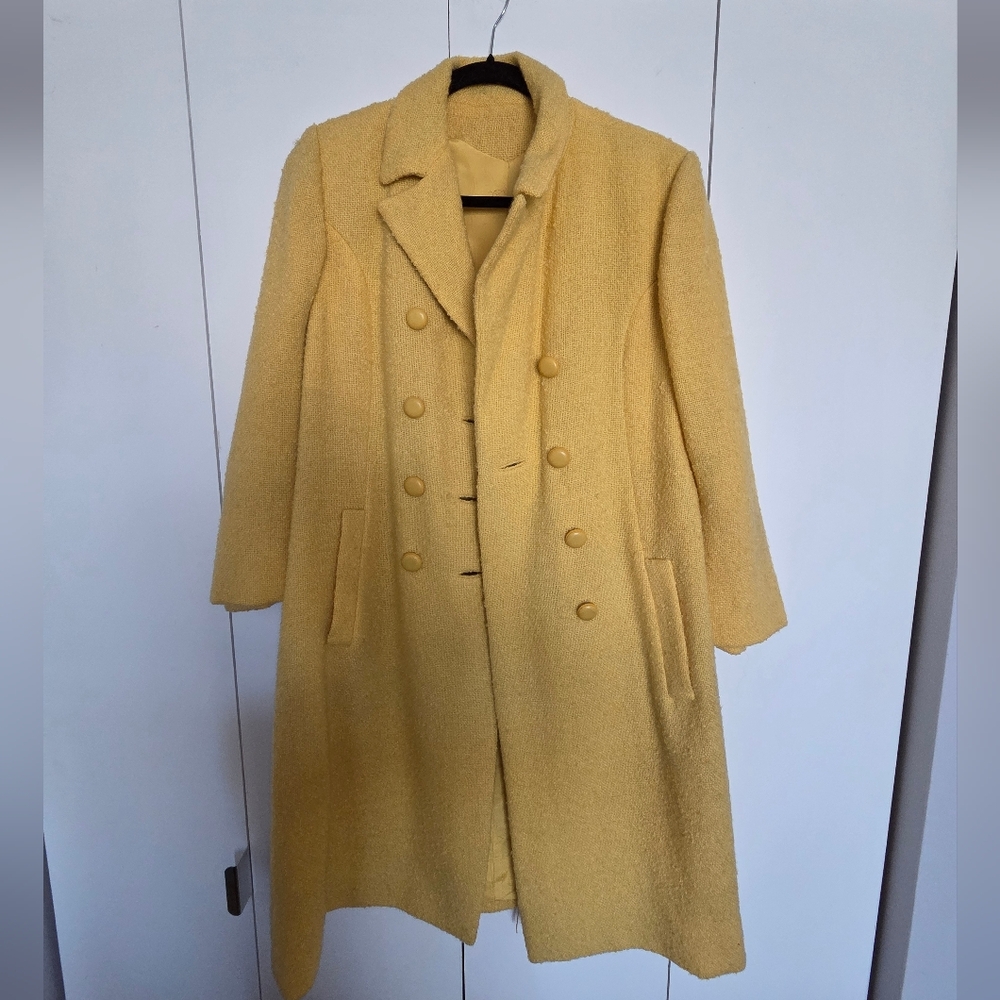 Double-Breasted Wool-Blend Pea Coat in Mustard Yellow